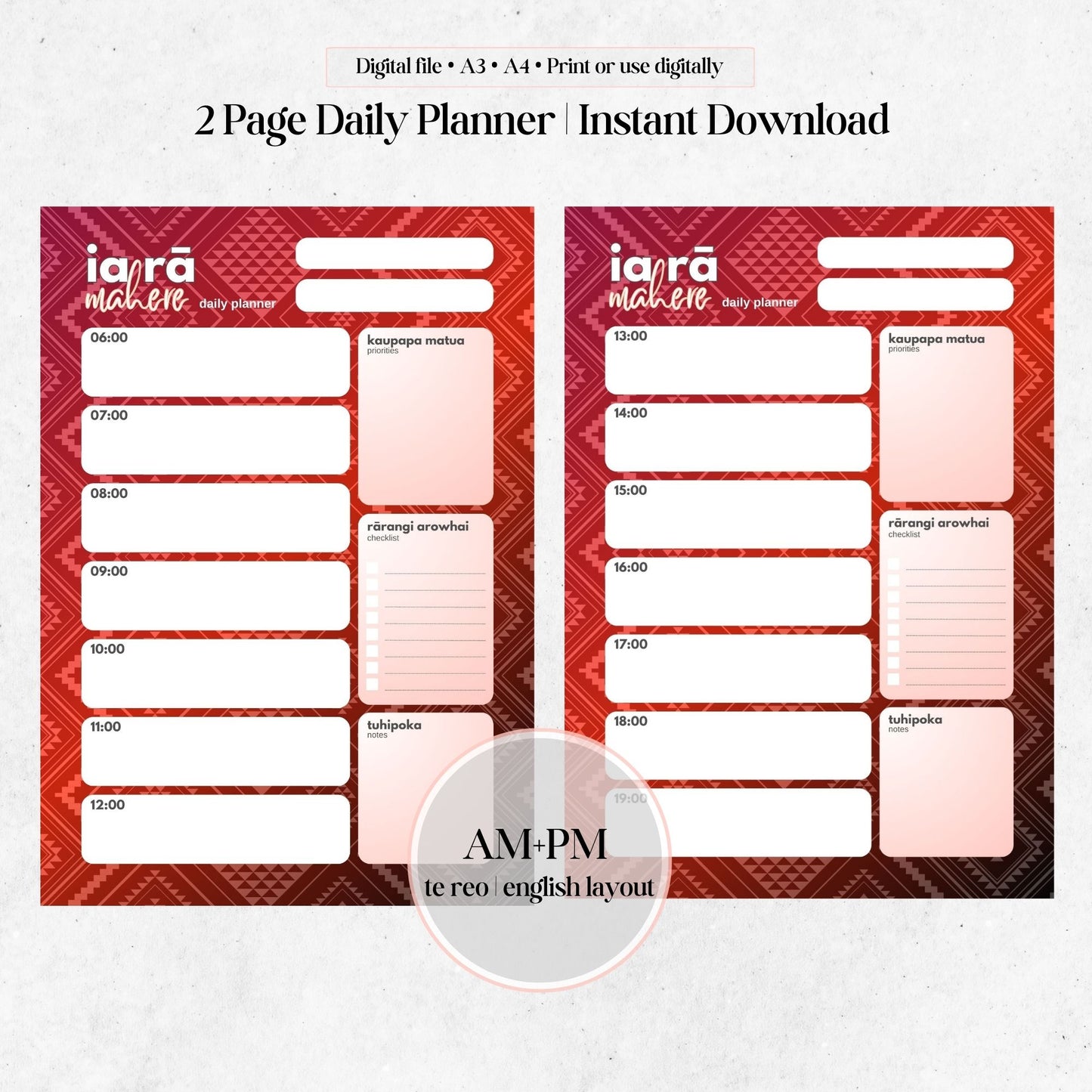Tūmatauenga-Inspired Daily Planner | AM+PM Layout | Digital PNG