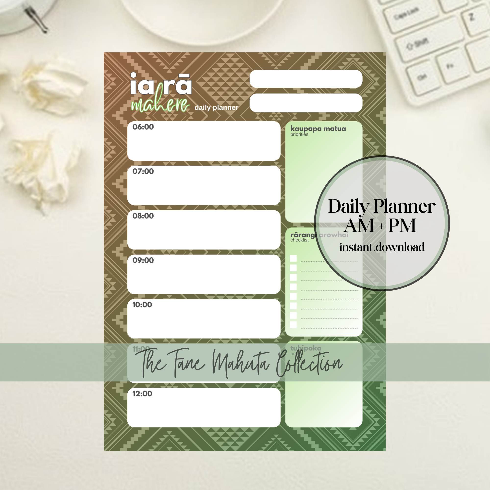 Tāne Mahuta-Inspired Daily Planner | AM+PM Layout | Digital PNG