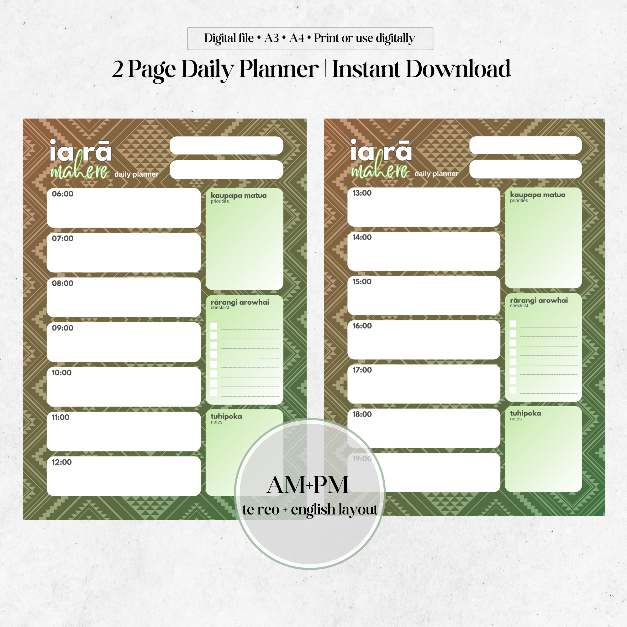 Tāne Mahuta-Inspired Daily Planner | AM+PM Layout | Digital PNG