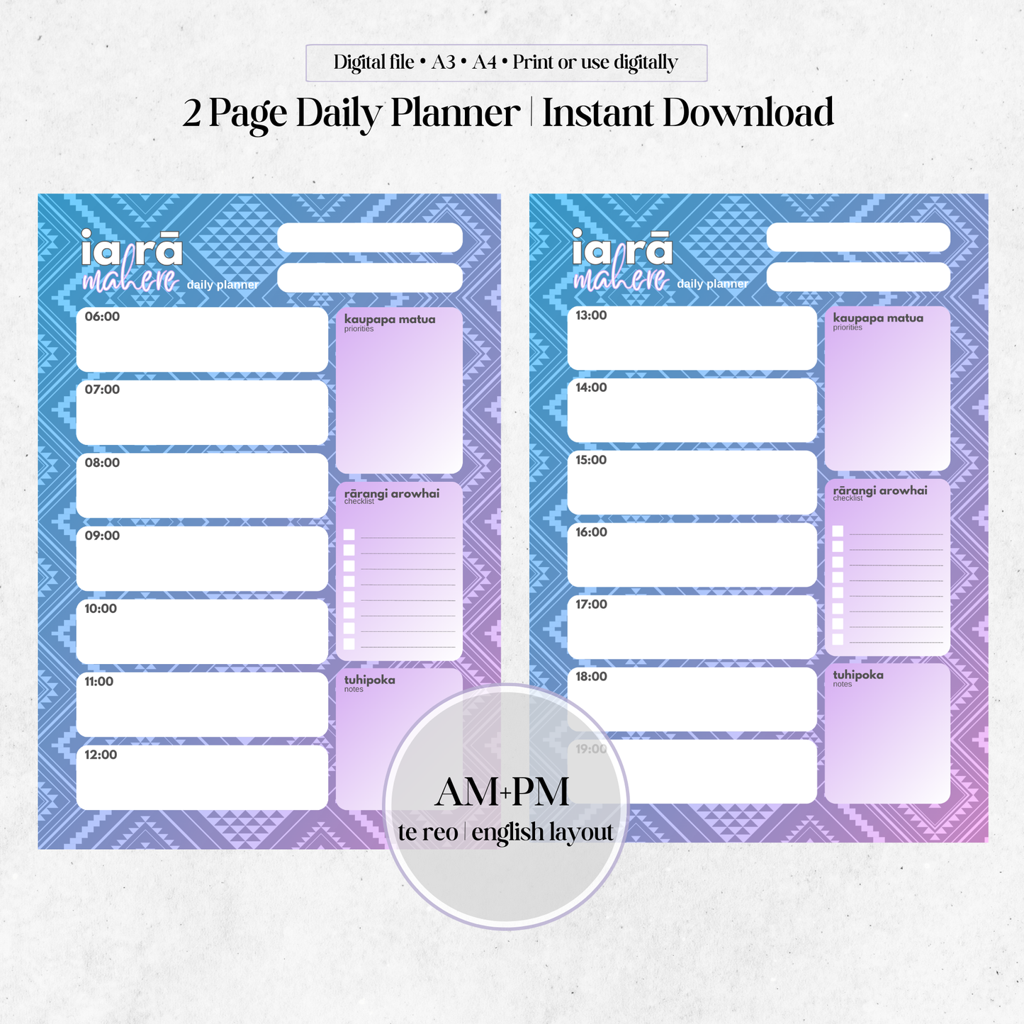 Tāwhirimātea-Inspired Daily Planner | AM+PM Layout | Digital PNG