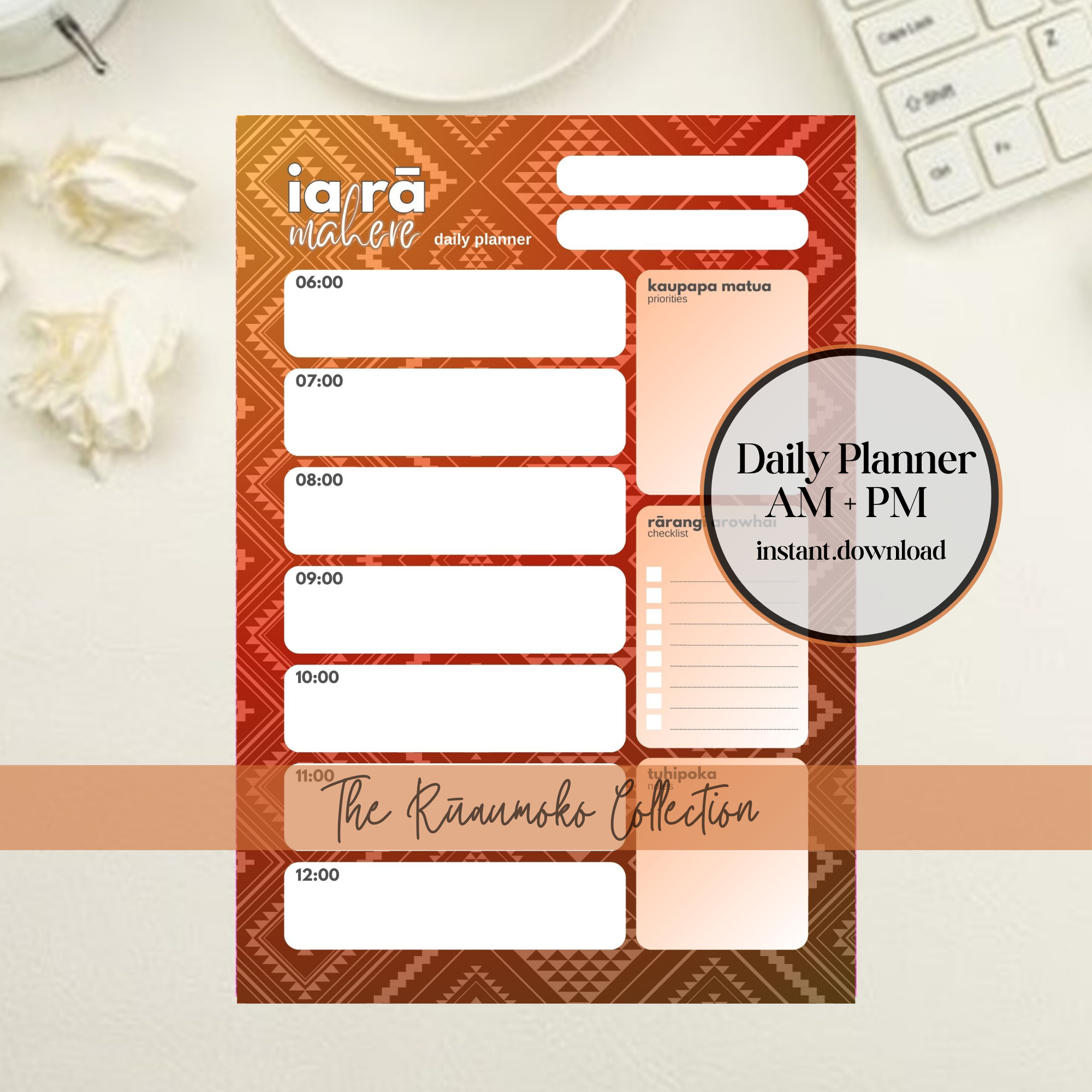 Rūaumoko-Inspired Daily Planner | AM+PM Layout | Digital PNG