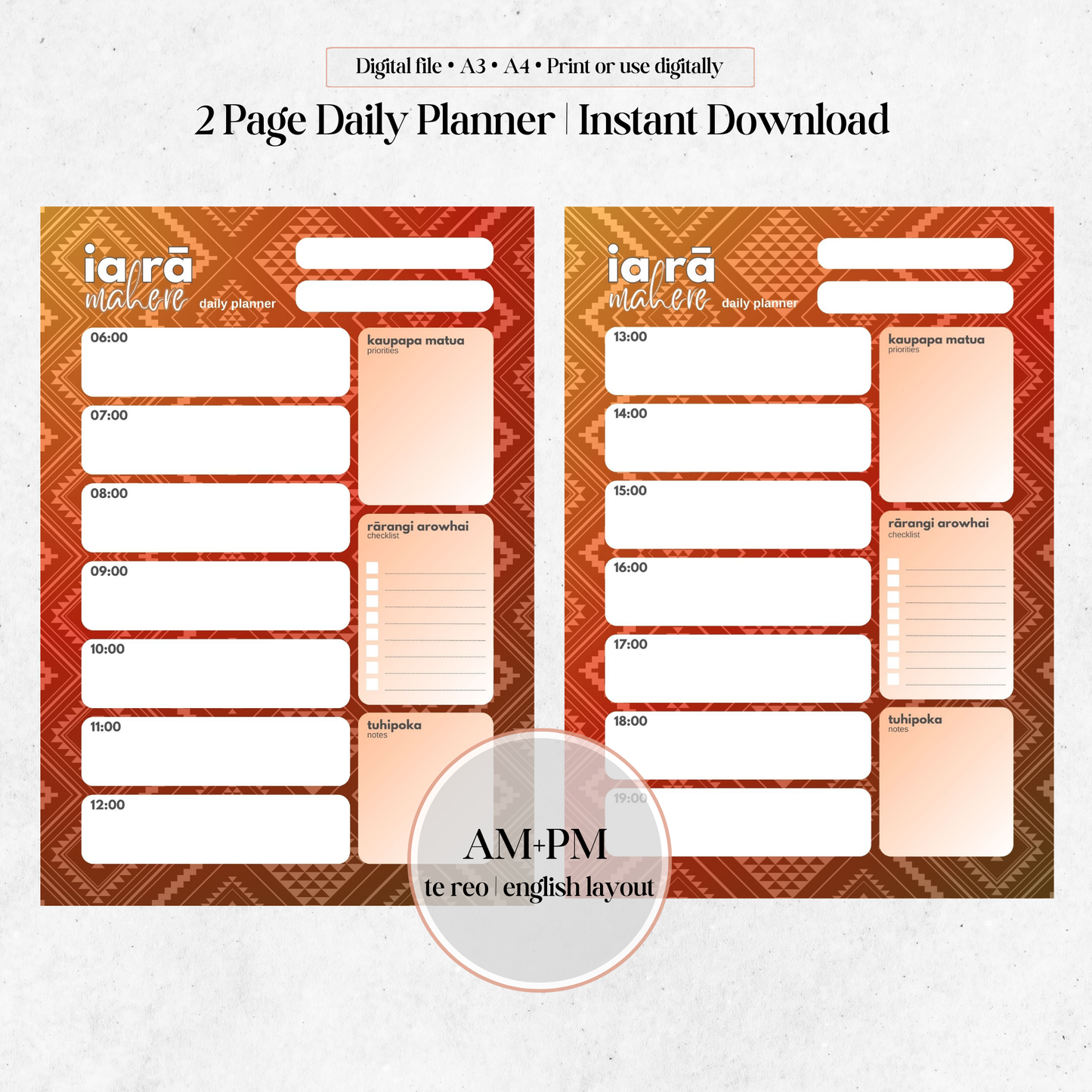 Rūaumoko-Inspired Daily Planner | AM+PM Layout | Digital PNG