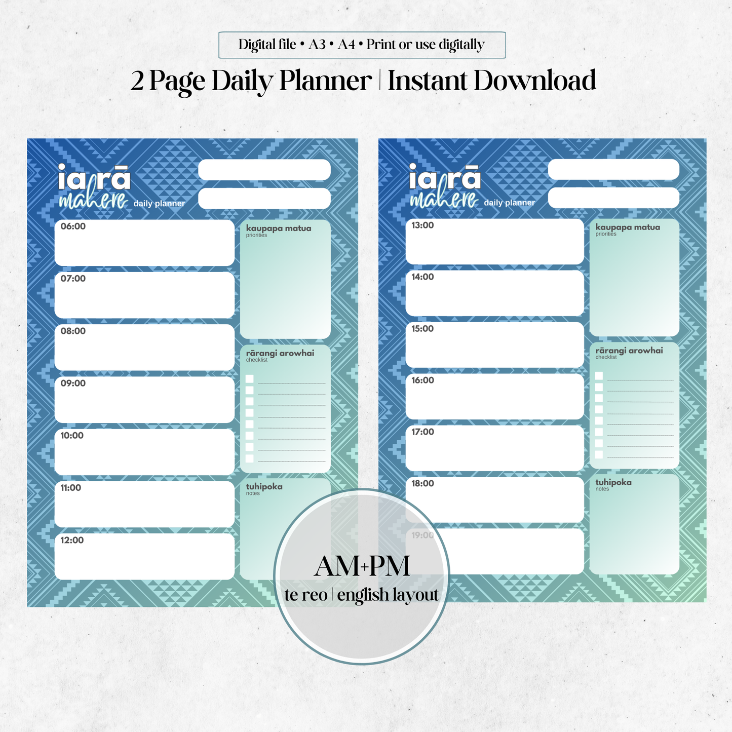 Tangaroa-Inspired Daily Planner | AM+PM Layout | Digital PNG