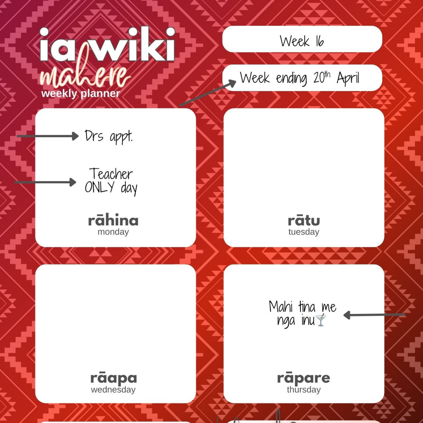 Tūmatauenga-Inspired Weekly Planner| Digital Download