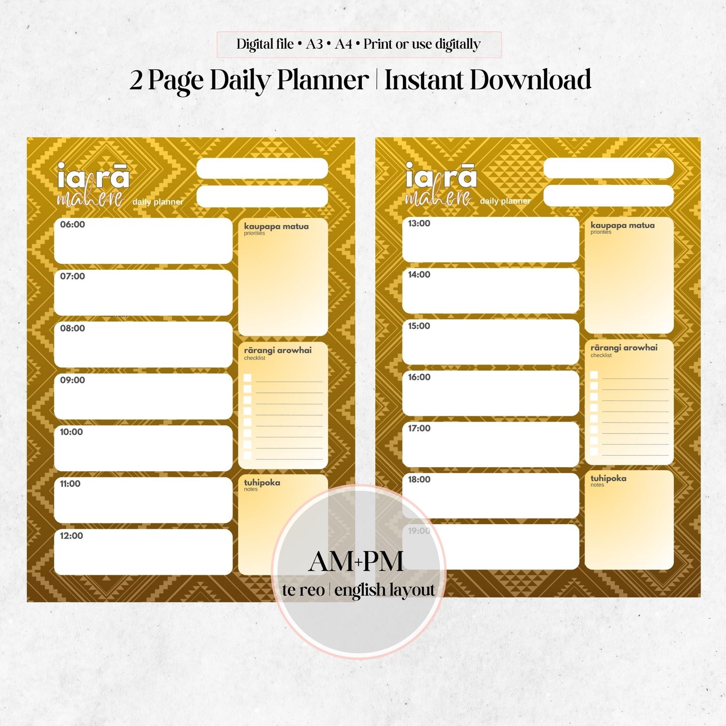 Rehua-Inspired Daily Planner | AM+PM Layout | Digital PNG