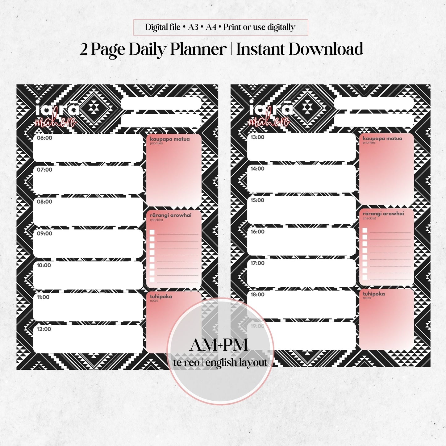 Hine-nui-te-pō Inspired Daily Planner | AM+PM Layout | Digital Download